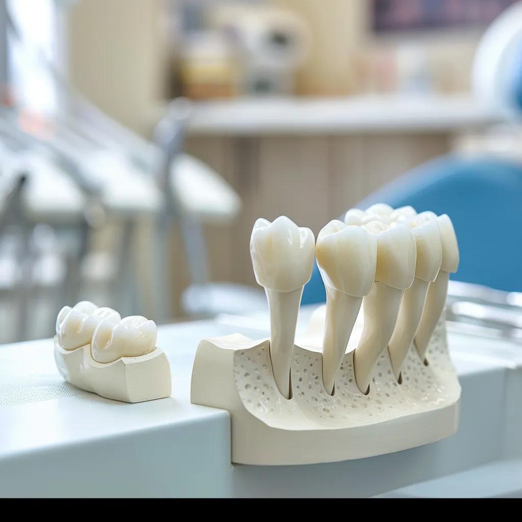 Dental bridge model displayed in a clinic, illustrating how it connects to adjacent teeth