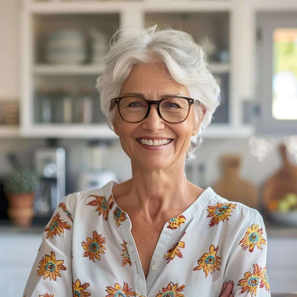 Patient enjoying life with implant-supported dentures in a bright kitchen
