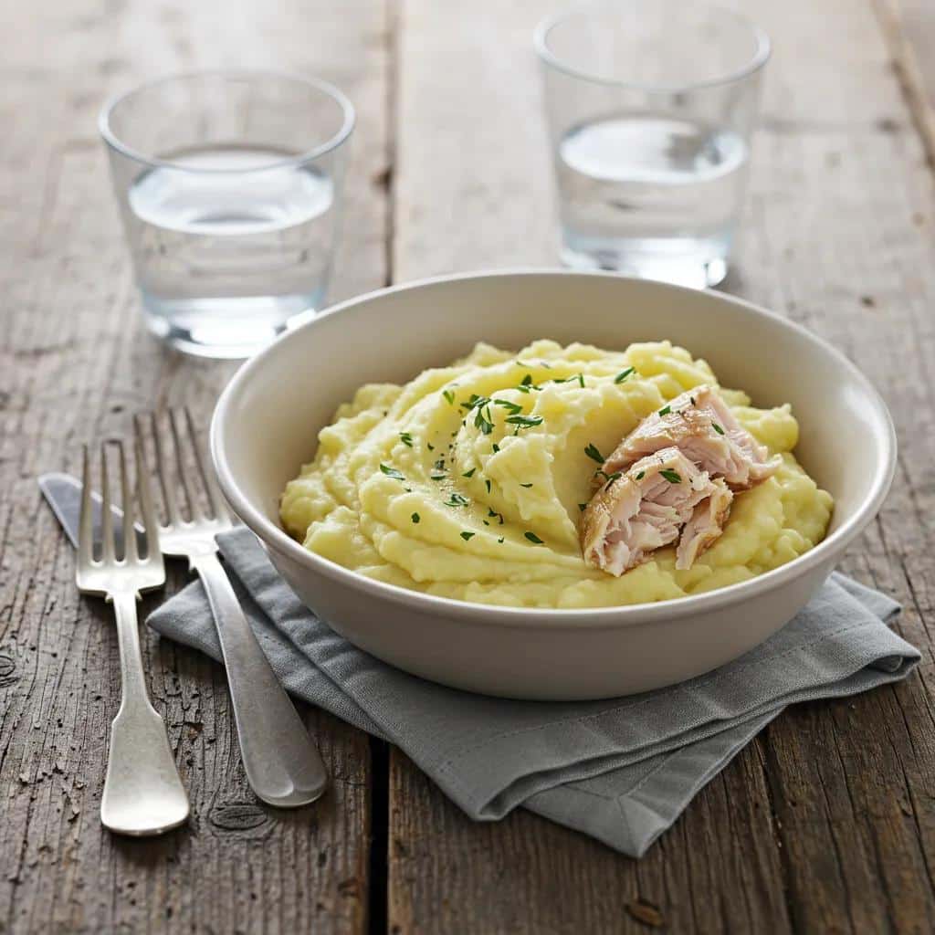 A comforting meal of creamy mashed potatoes and soft flaked fish, illustrating ideal soft food options for dental implant recovery.