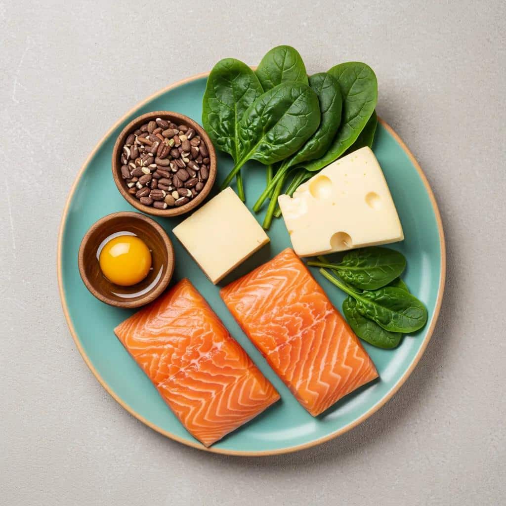 A vibrant display of nutrient-rich foods like salmon and leafy greens, emphasizing their role in promoting healing for dental implants.