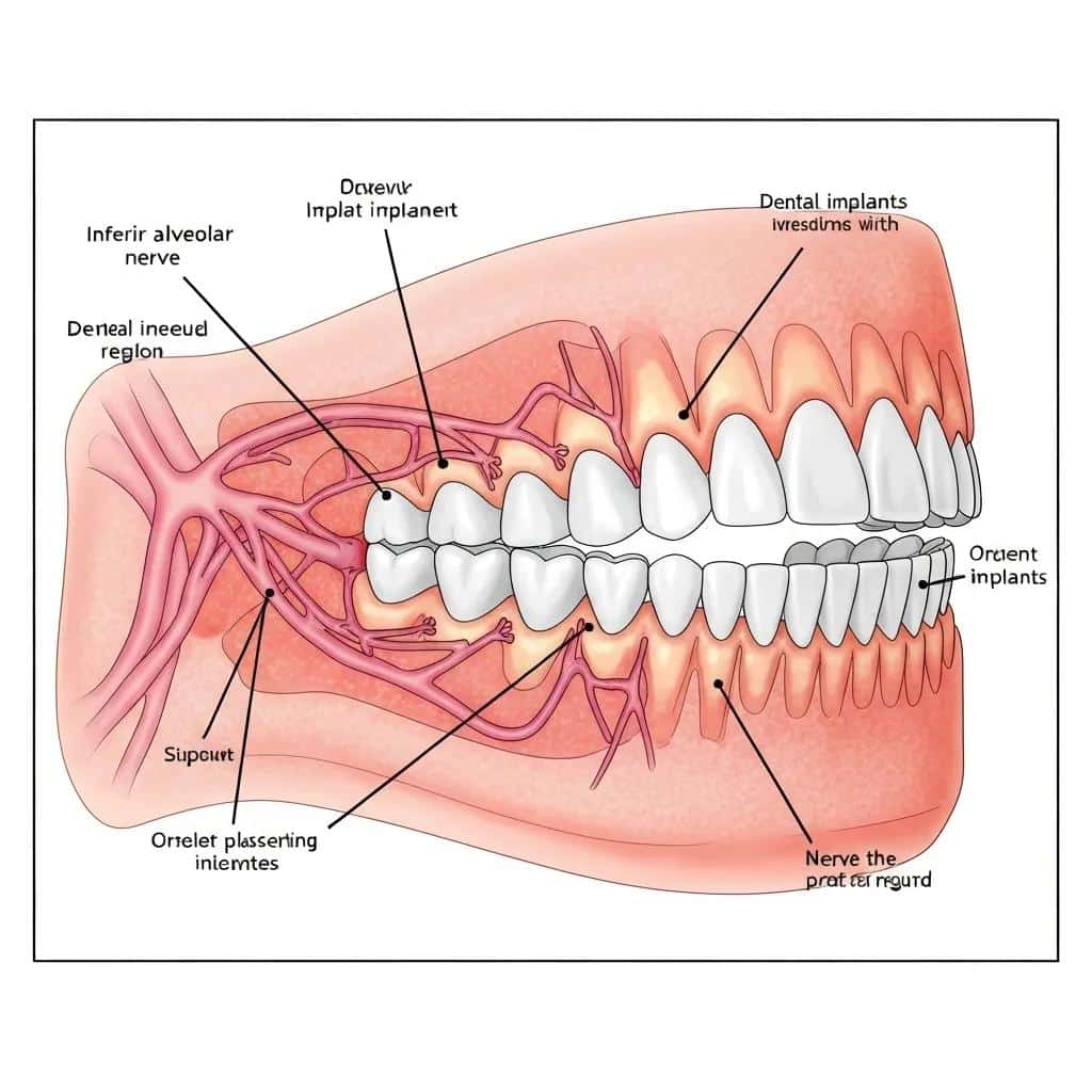 Anatomy of the jaw showing inferior alveolar nerve and dental implants