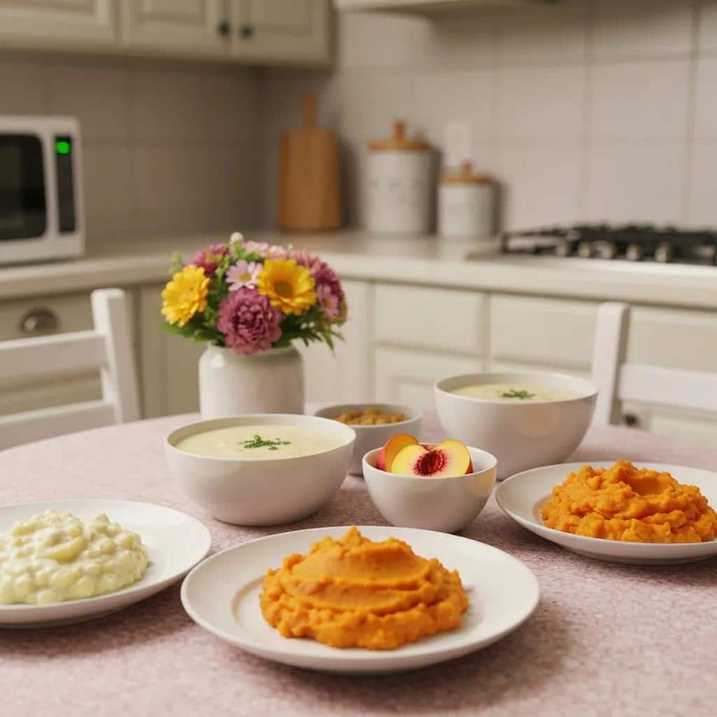 Assorted soft foods recommended for dental implant recovery