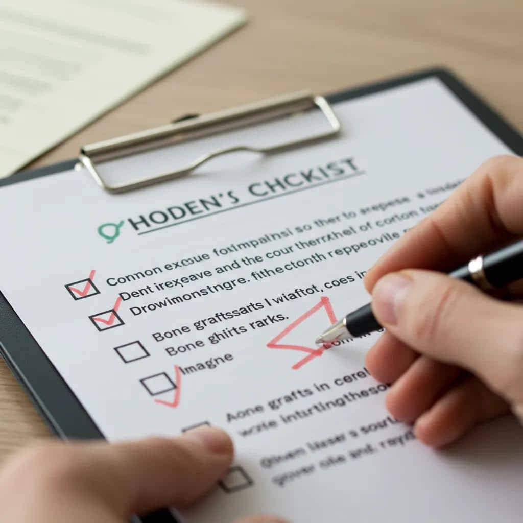 Checklist of hidden expenses for dental implants with a pen ready to mark items