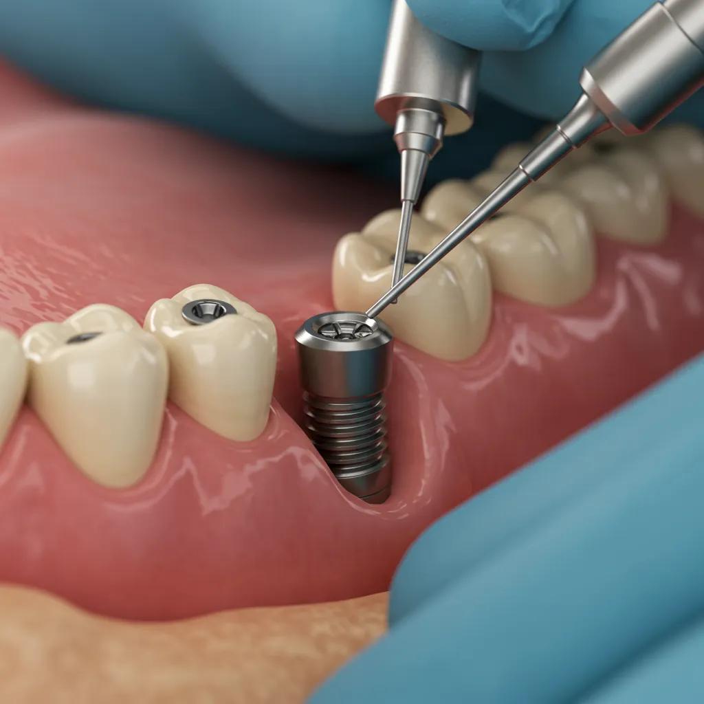 A close-up view of a dental implant being carefully placed into a patient's jawbone by our skilled team.