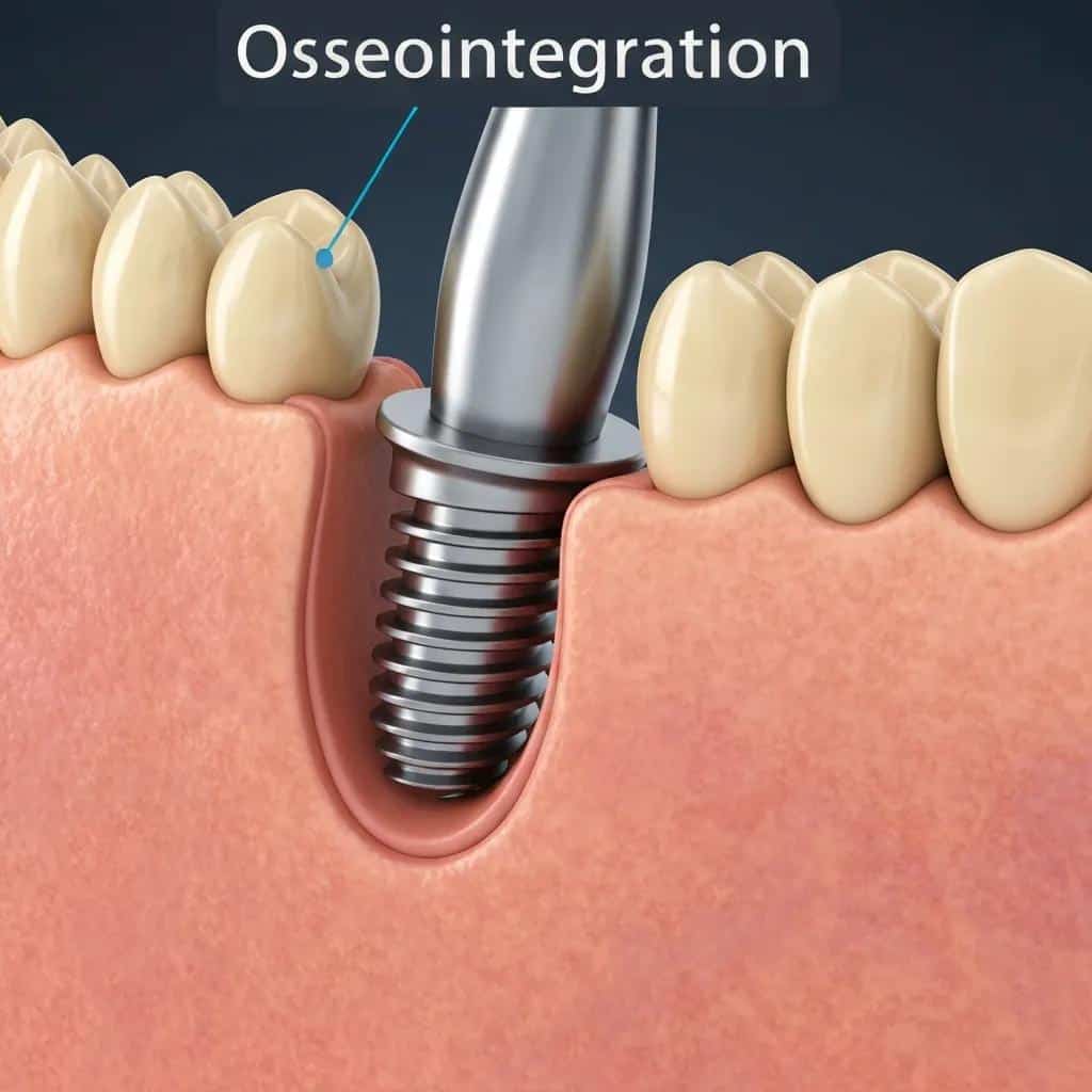 Close-up of a dental implant integrating with jawbone during osseointegration