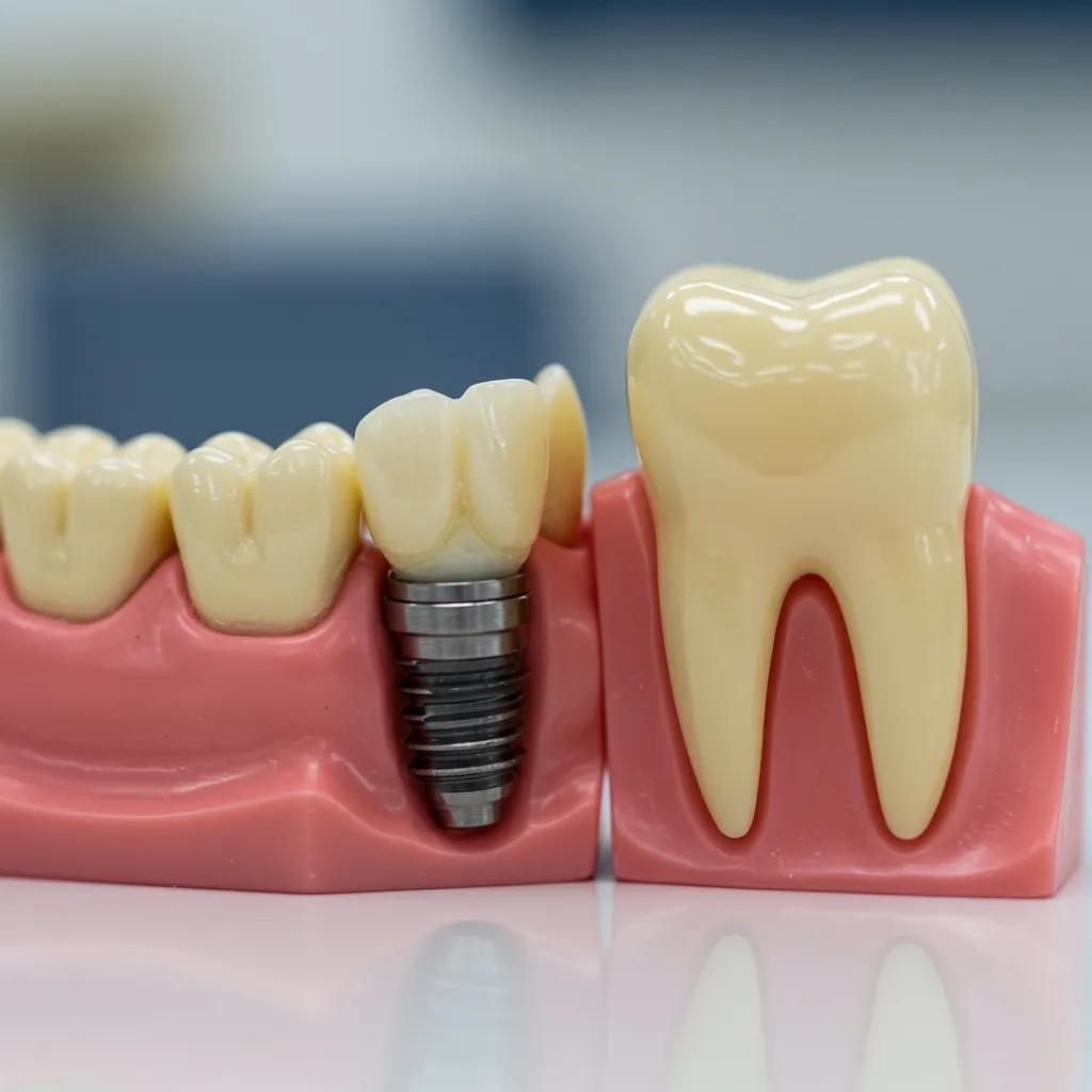Close-up of a dental implant model next to a natural tooth, illustrating aesthetic similarities in a dental consultation room