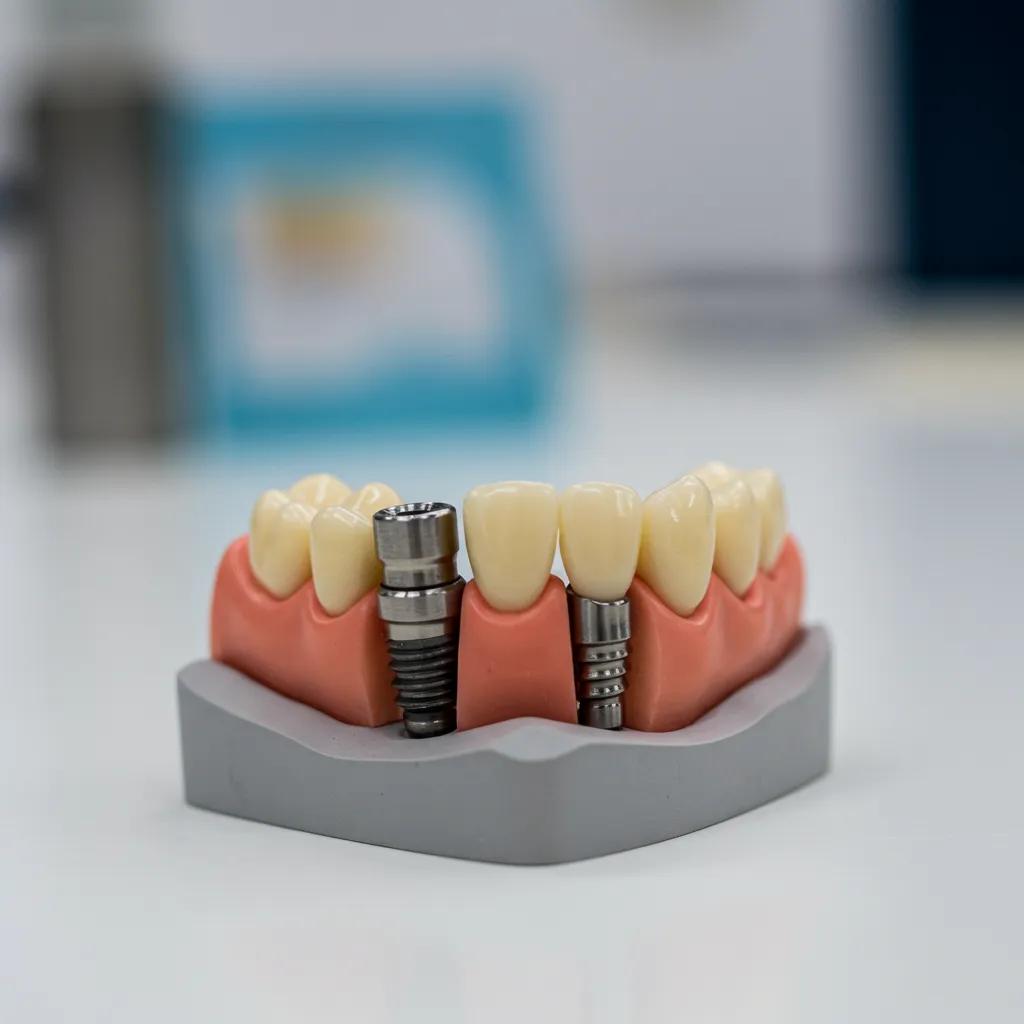 Close-up of a dental implant model showcasing the fixture, abutment, and crown components