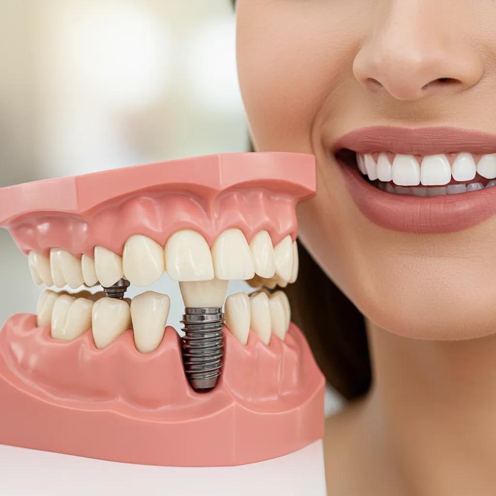 Close-up of a dental implant model with a healthy smile, highlighting benefits and longevity
