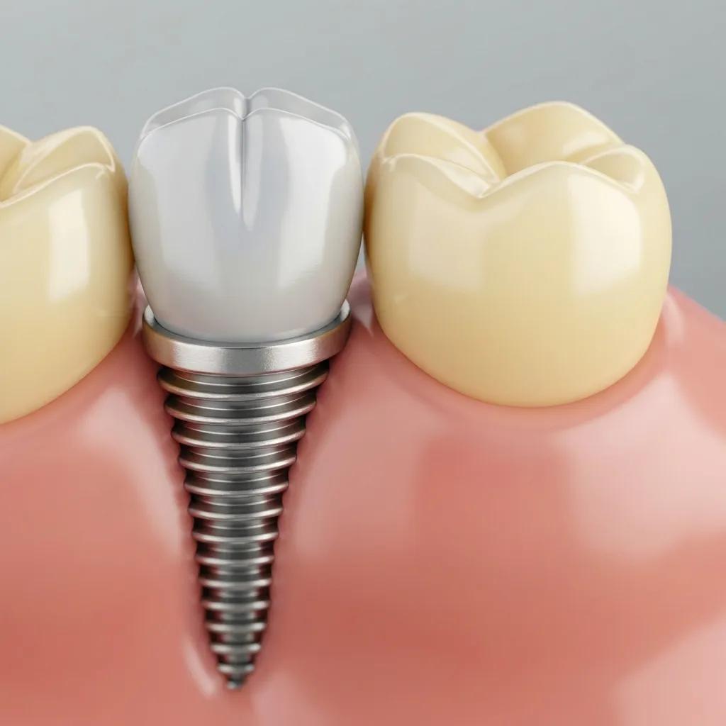 Close-up of a dental implant next to a natural tooth, illustrating aesthetic similarities and integration with gum tissue