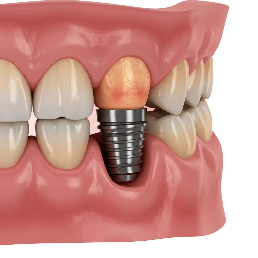 Close-up view of a dental implant showing signs of inflammation and potential failure