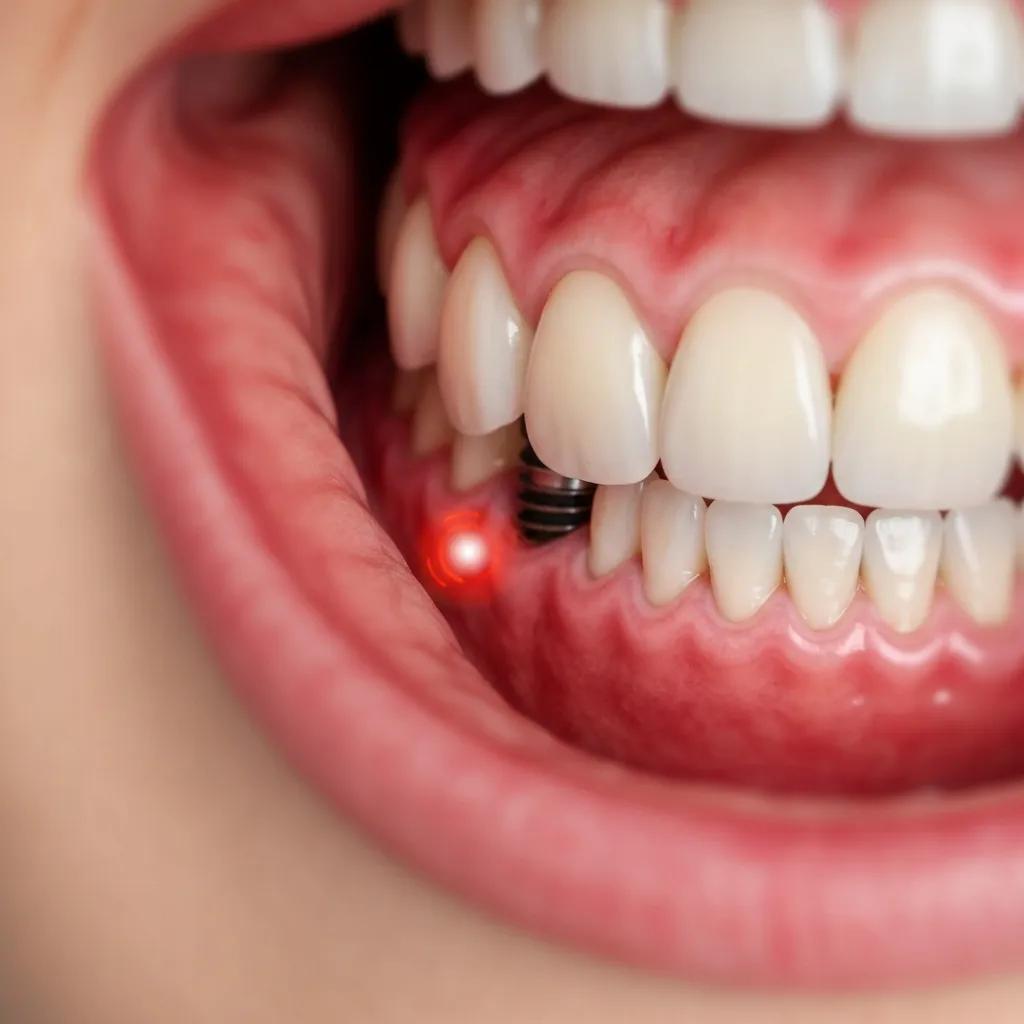 Close-up of a dental implant showing signs of inflammation and swelling