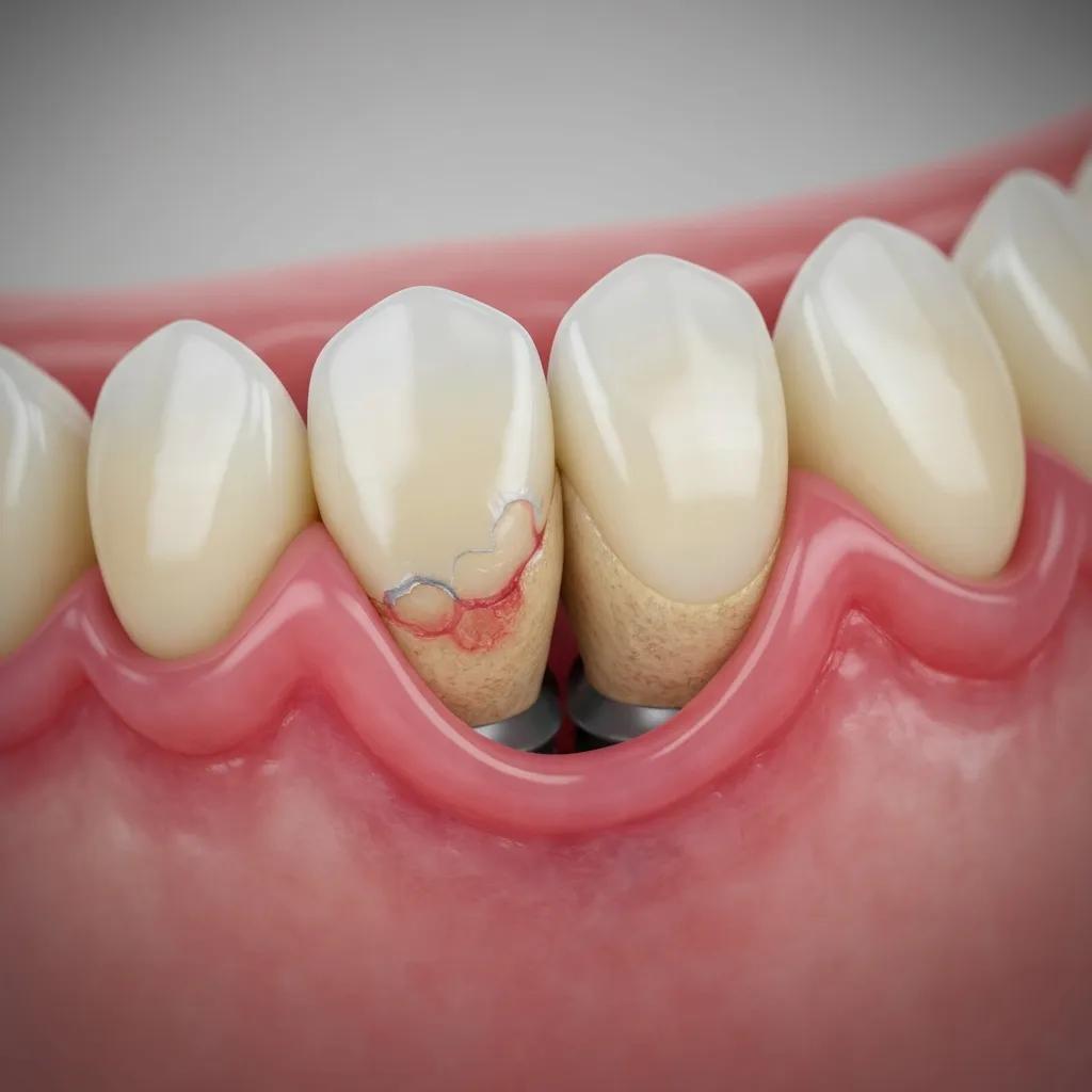Close-up of a dental implant showing signs of peri-implantitis with redness and swelling around the gums
