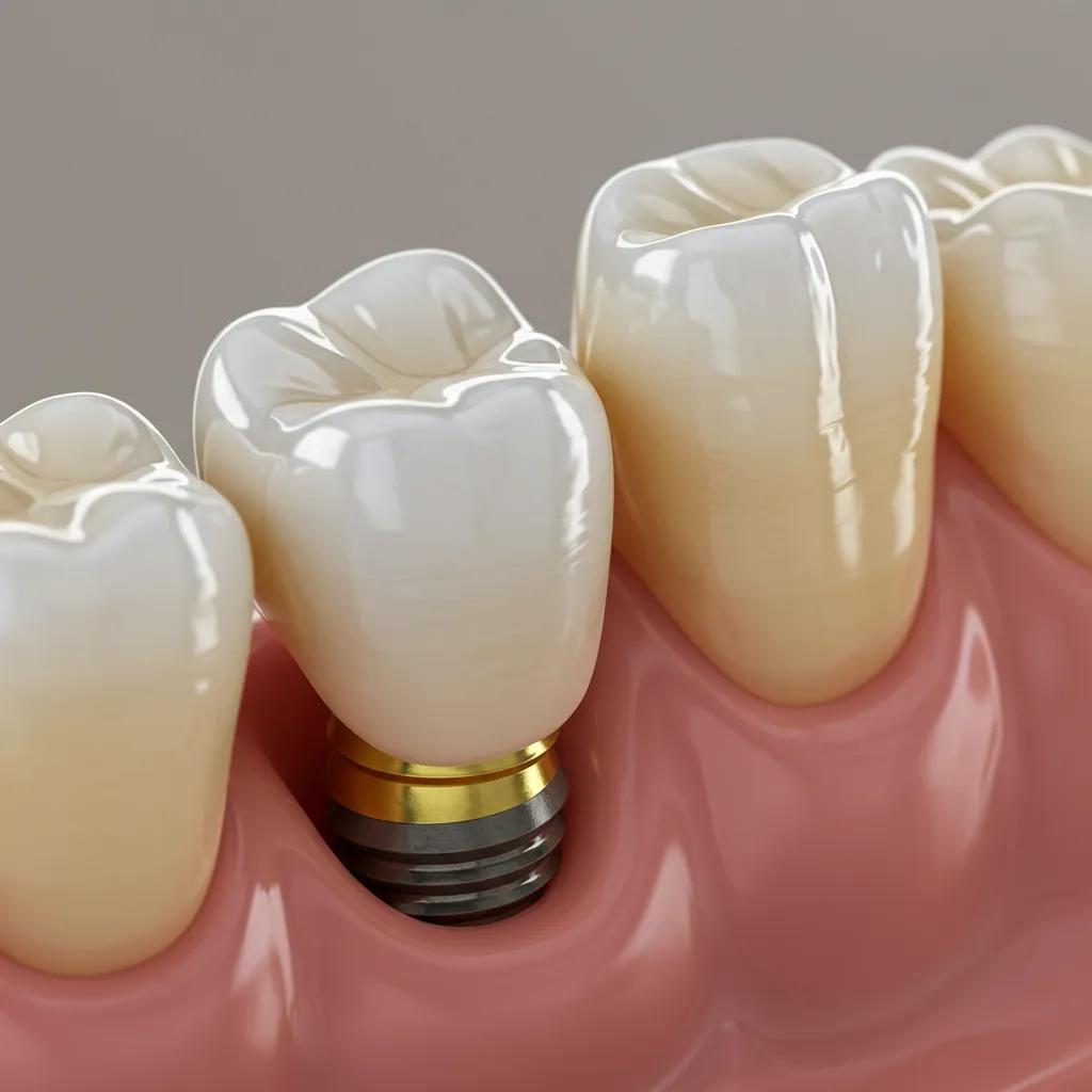 Close-up of a zirconia dental implant next to a natural tooth, illustrating aesthetic qualities and comfort
