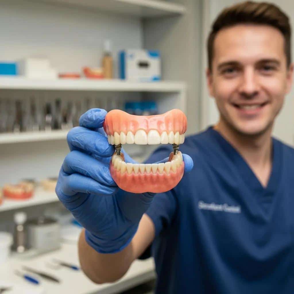 Implant-supported denture shown by a dental professional in clinic
