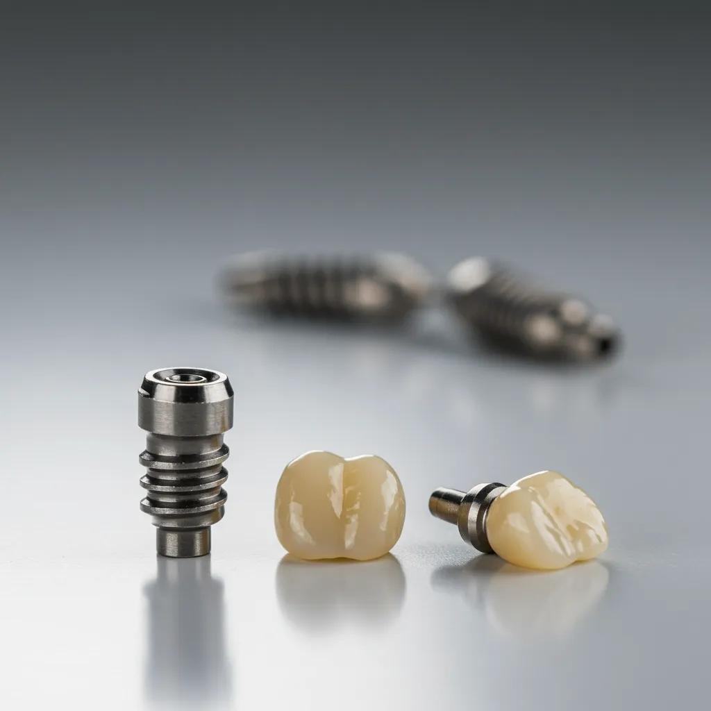 Close-up of dental implant components: post, abutment, and crown