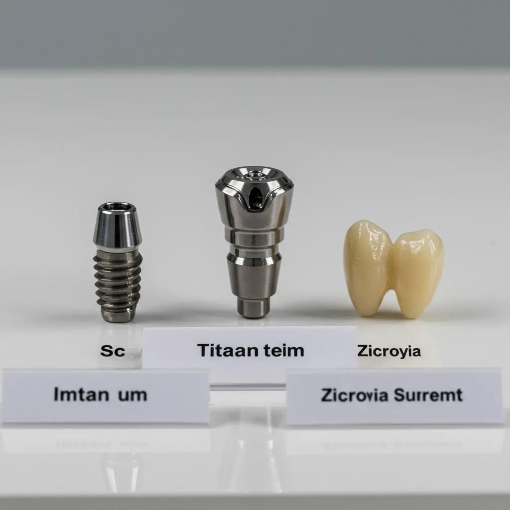 Detailed view of dental implant components: the post, abutment, and crown working together