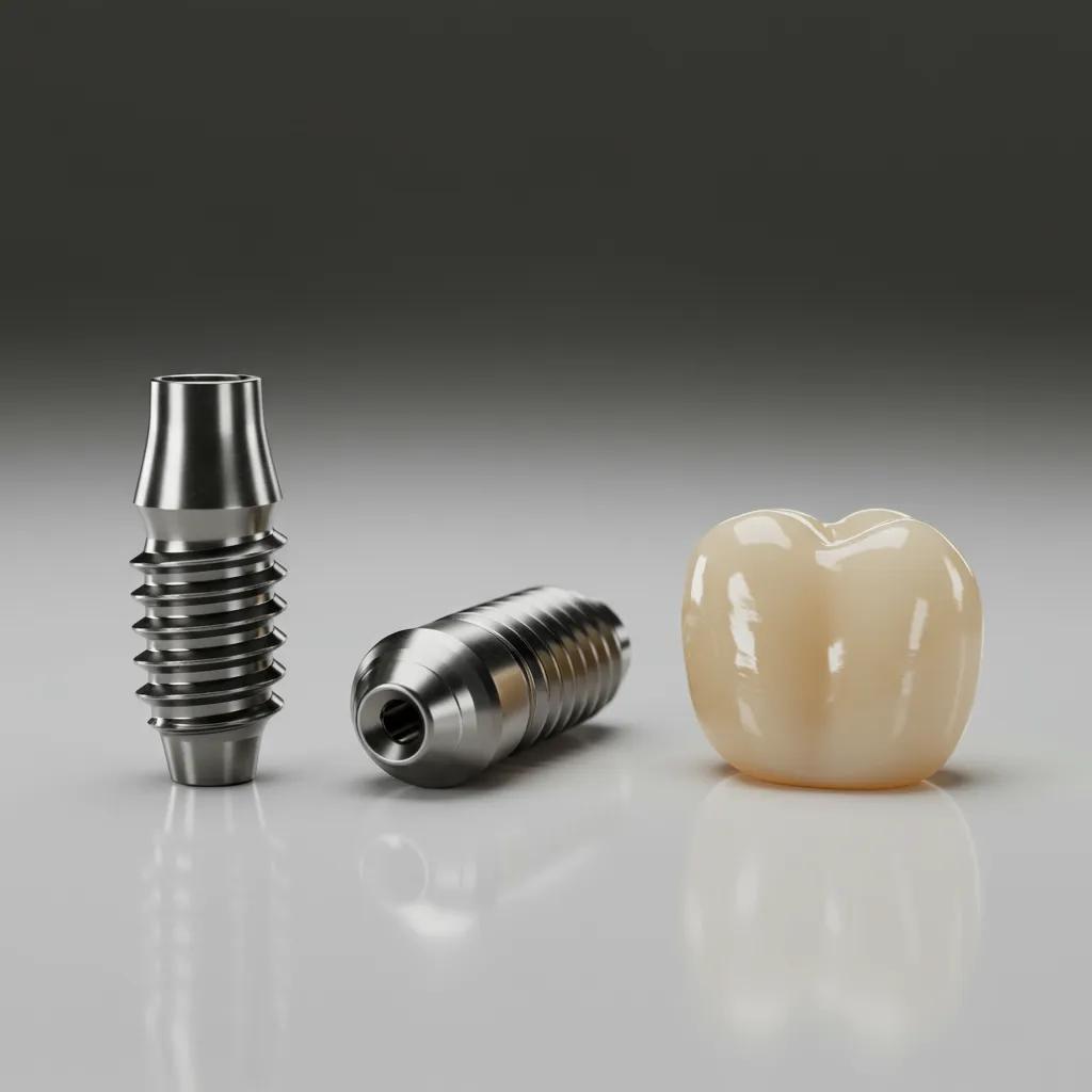 Close-up of dental implant components: post, abutment, and crown