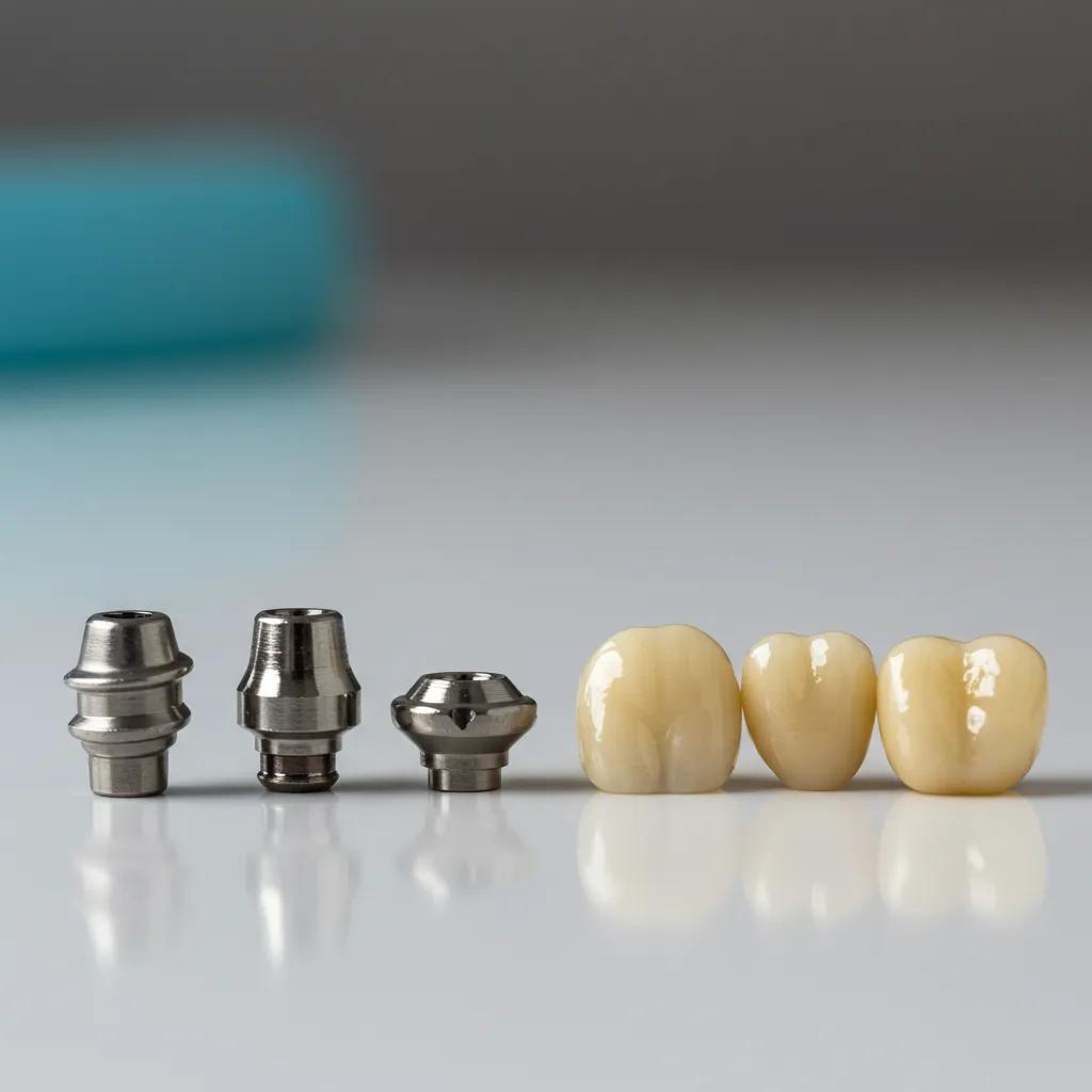 Close-up of dental implant components: post, abutment, and crown