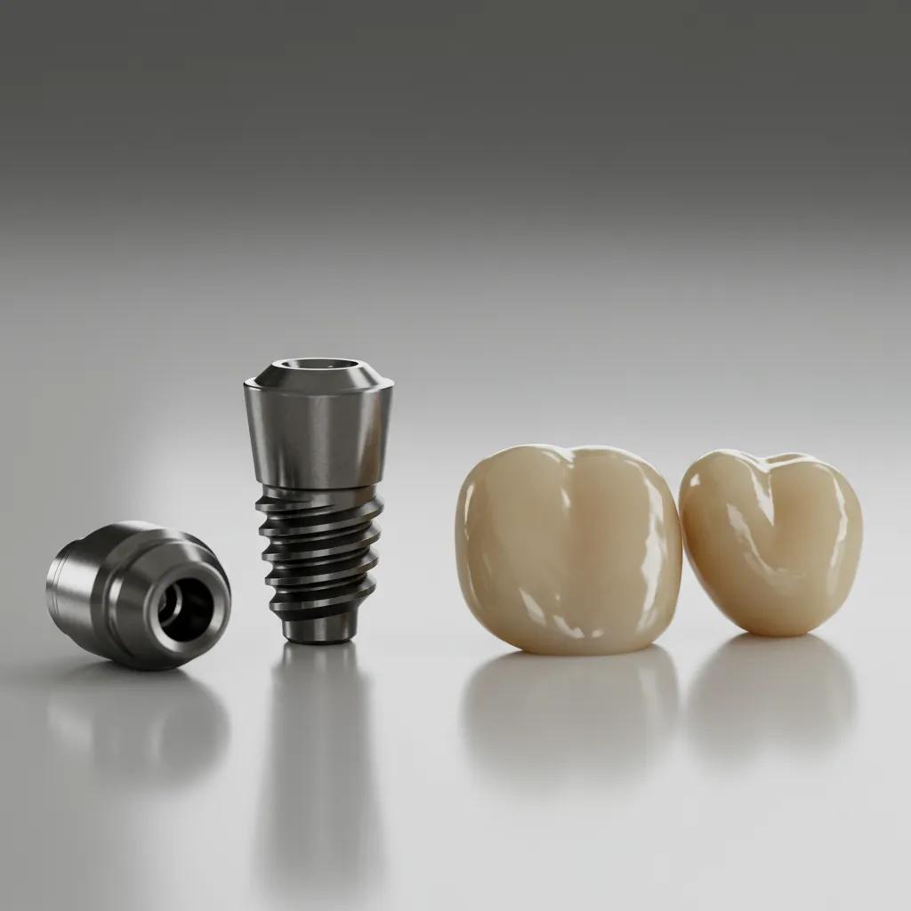 A close-up view of dental implant parts: the post, abutment, and crown, ready to restore your smile.