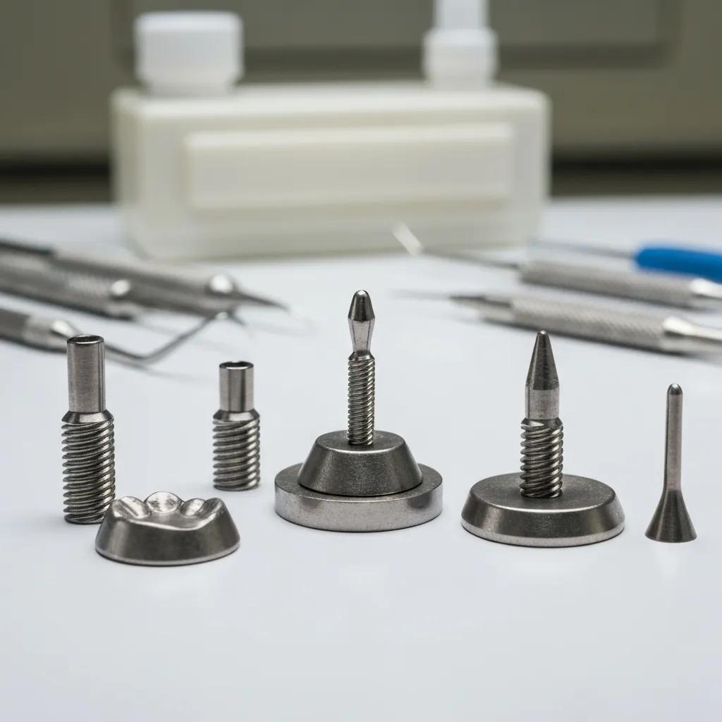 Close-up of dental implant materials including titanium and zirconia samples