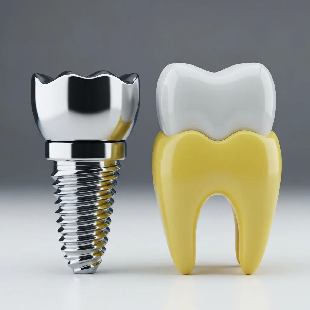 Close-up of dental implant model and natural tooth model, showcasing comfort and function differences