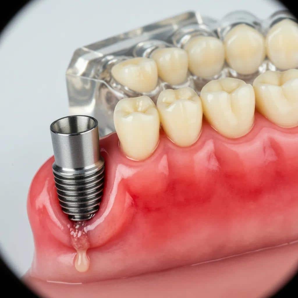 Close-up of dental implant site showing signs of infection with dental model in background