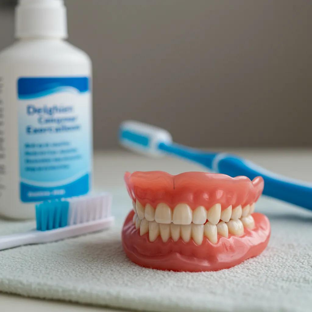Close-up of dentures with cleaning tools, highlighting the importance of maintenance and care for denture wearers