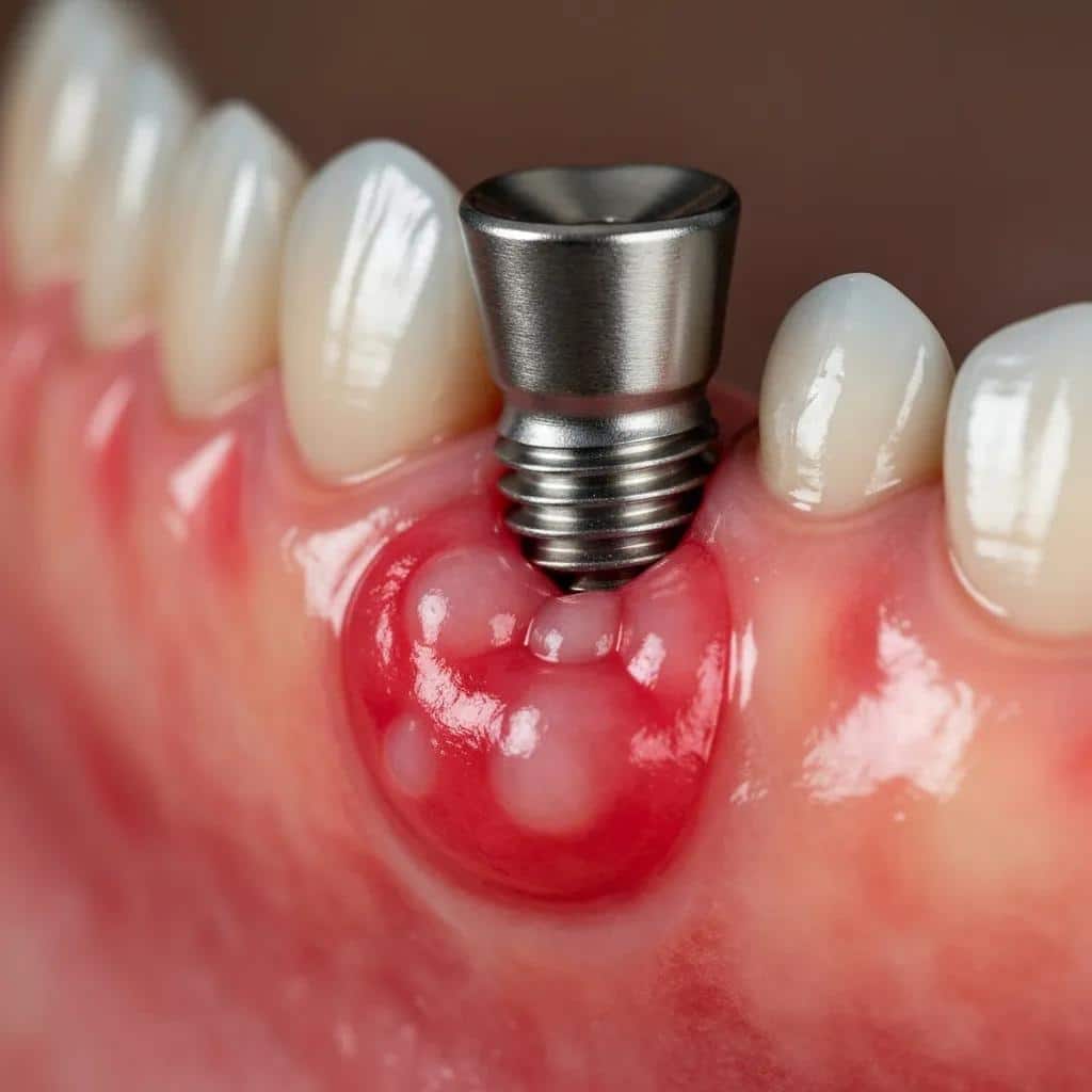 Close-up of inflamed gums around a dental implant showing signs of infection