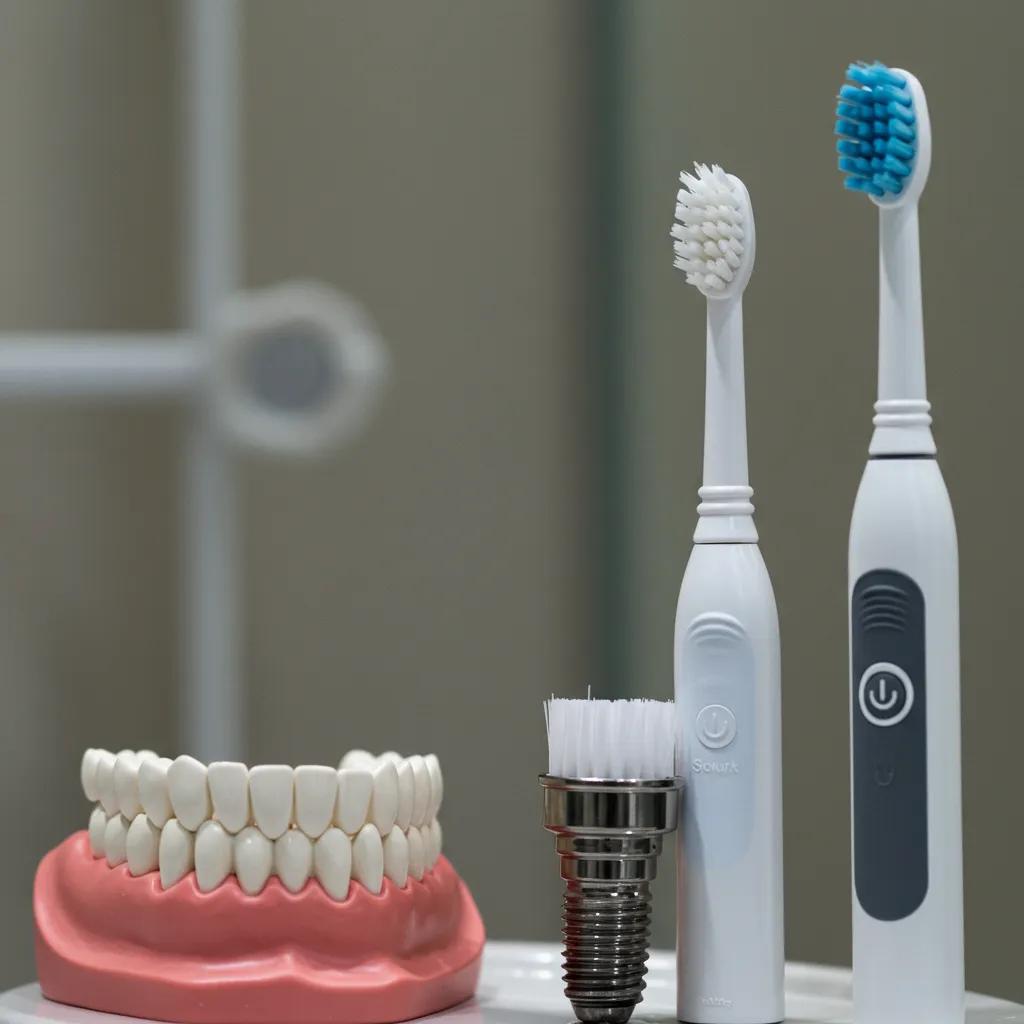 Close-up of toothbrushes and dental implant model in a clean bathroom setting