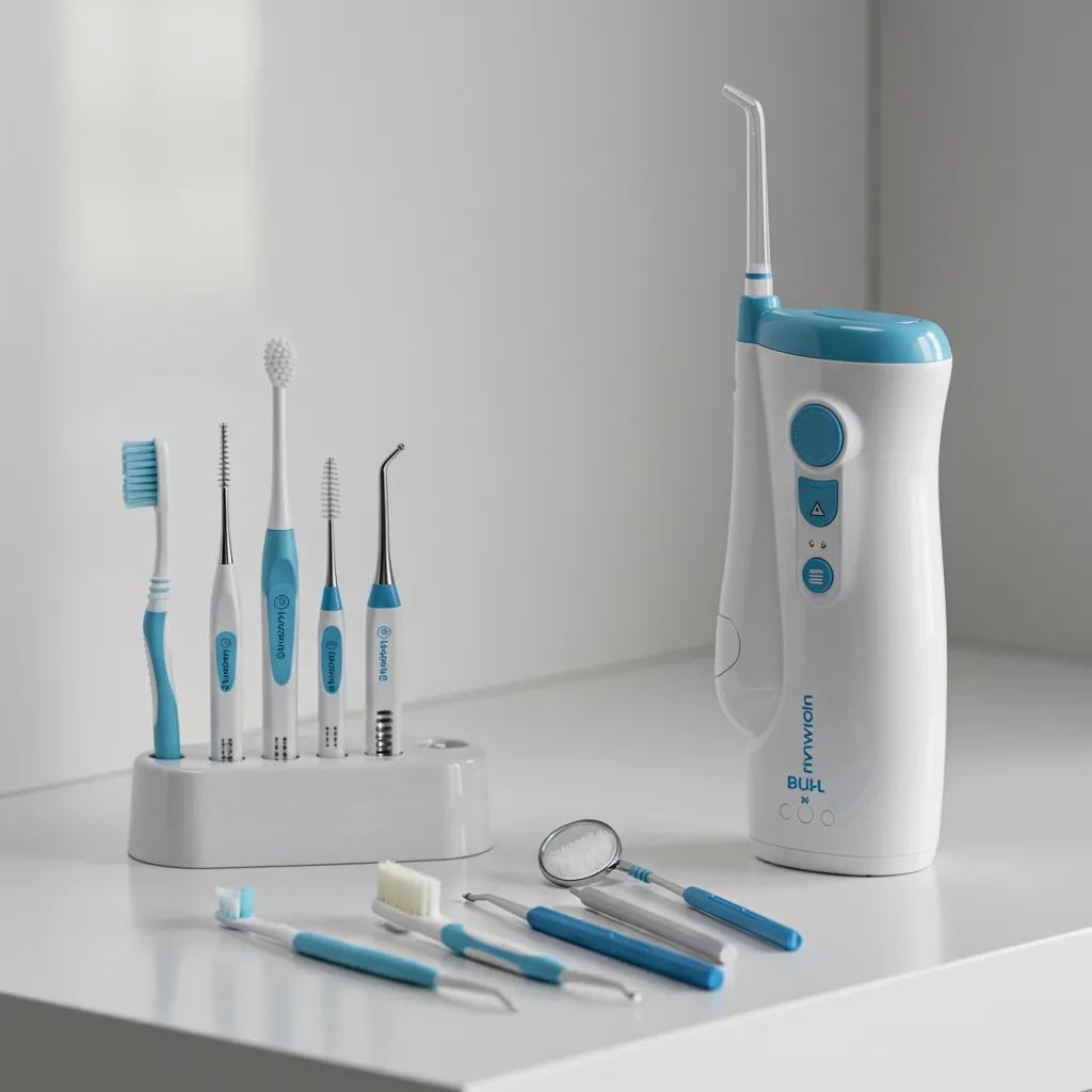 A collection of dental hygiene tools specifically for implants, including a toothbrush, interdental brushes, and a water flosser