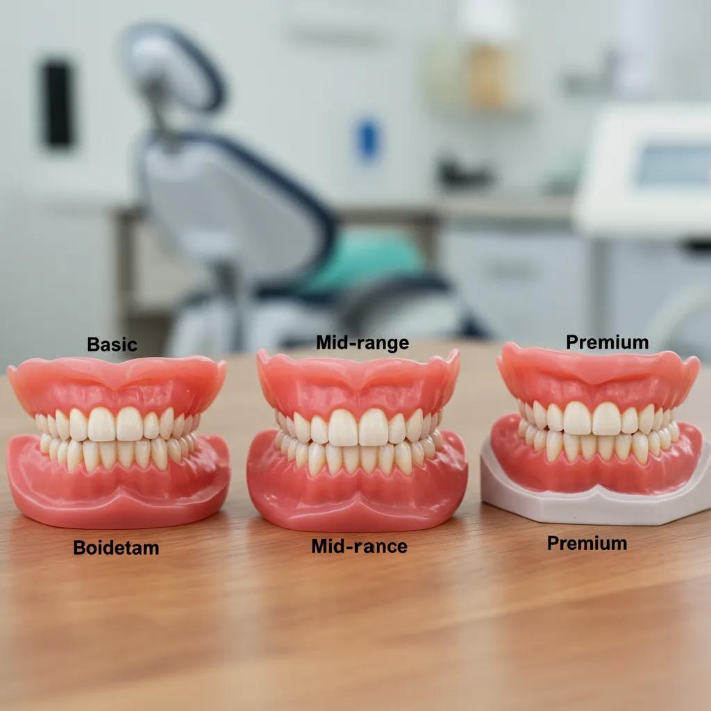 Comparison of basic, mid-range, and premium dentures on a table