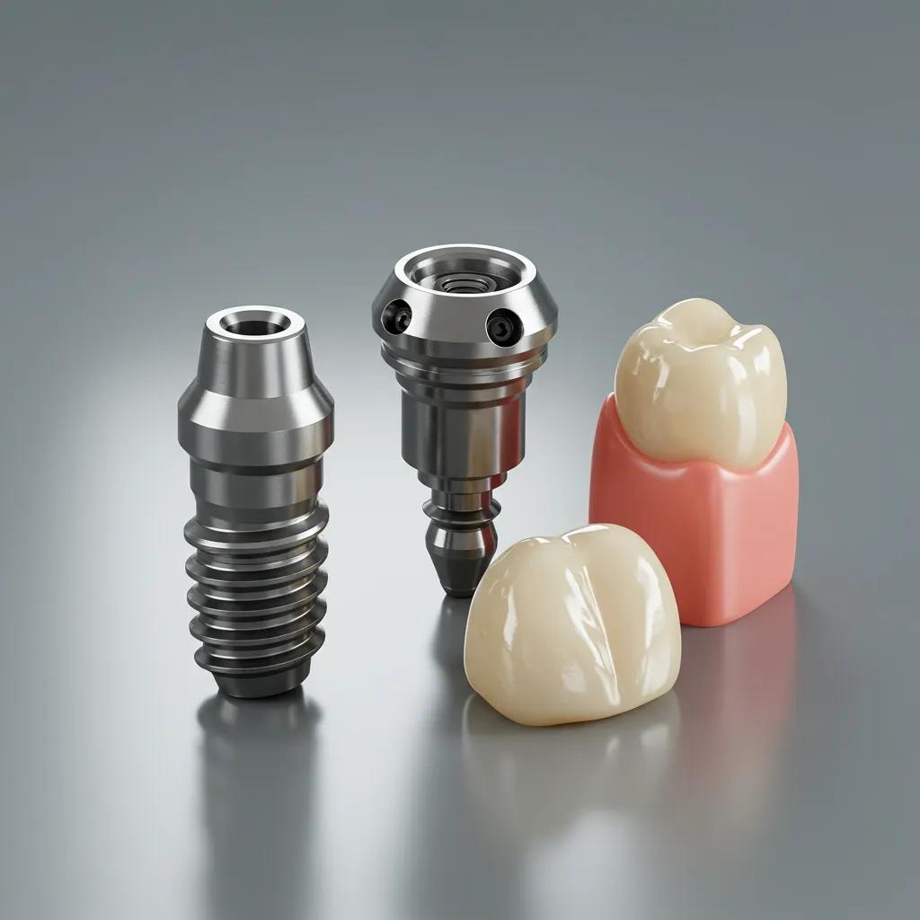 Close-up of dental implant components: fixture, abutment, and crown on a clean surface