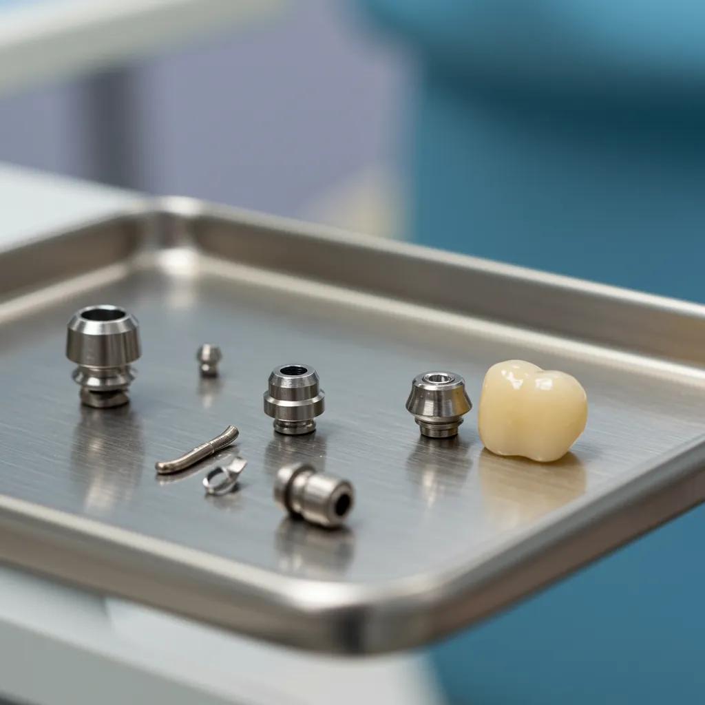 Components of dental implants including post, abutment, and crown on a dental tray