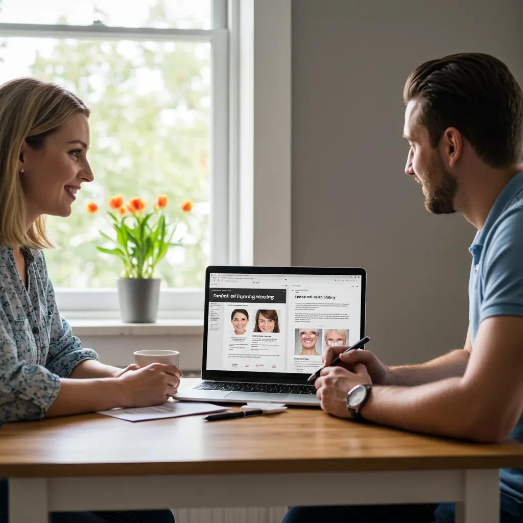 Couple discussing dental financing options at home with a laptop