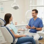 Dental clinic scene with a patient and dentist discussing dental implant recovery
