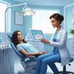 Dental clinic scene with a patient and dentist discussing dental implants, highlighting a supportive recovery environment