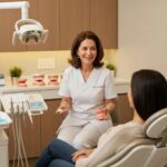 Dental consultation on implants vs dentures in a modern dental office