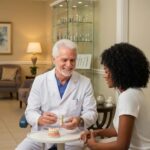 Dental consultation on implants with a smiling dentist and engaged patient in a welcoming clinic