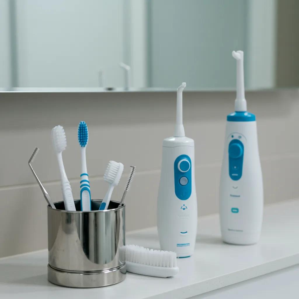 Essential dental hygiene tools for implant care, like a soft toothbrush, interdental brushes, and a water flosser