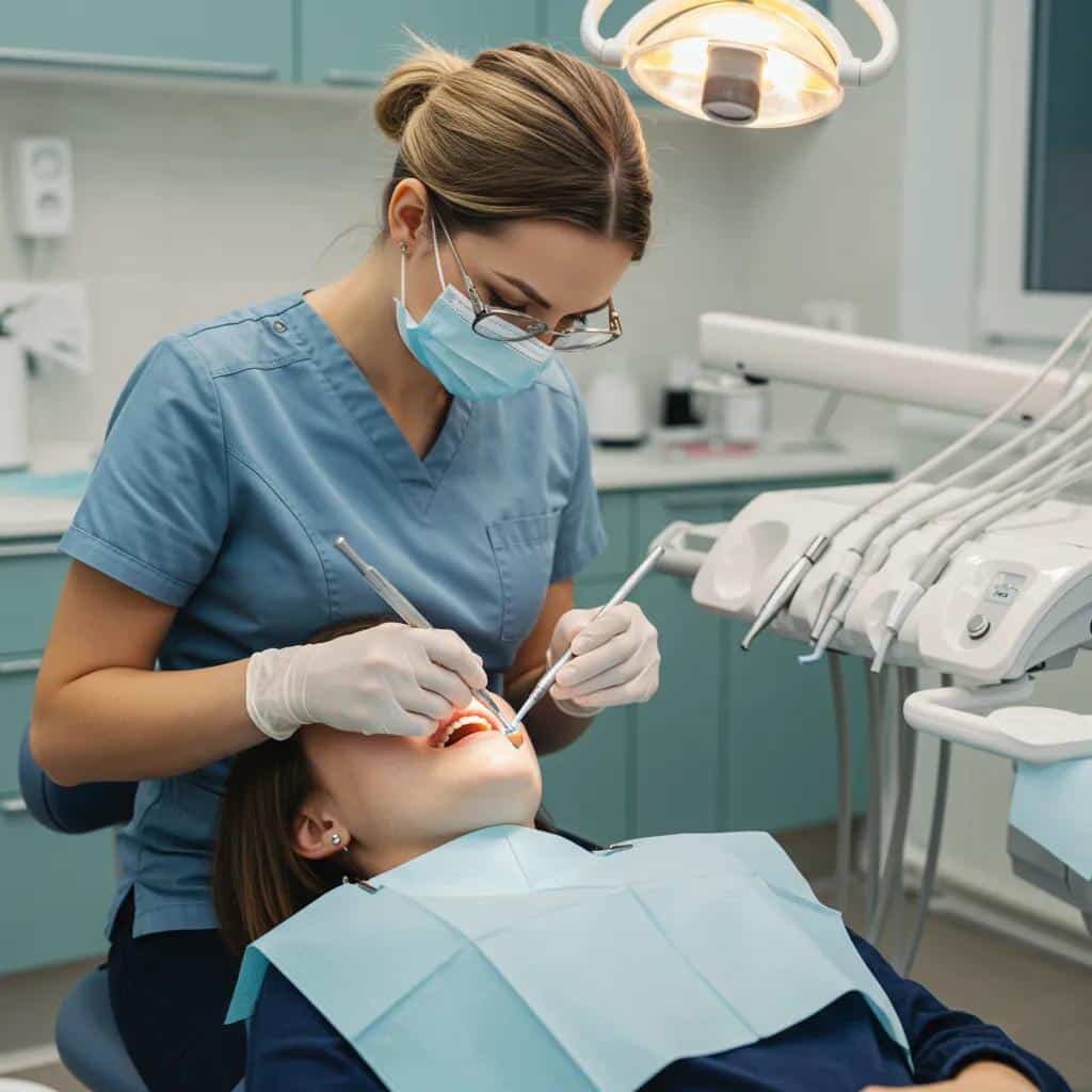 Dental hygienist performing professional maintenance on dental implants