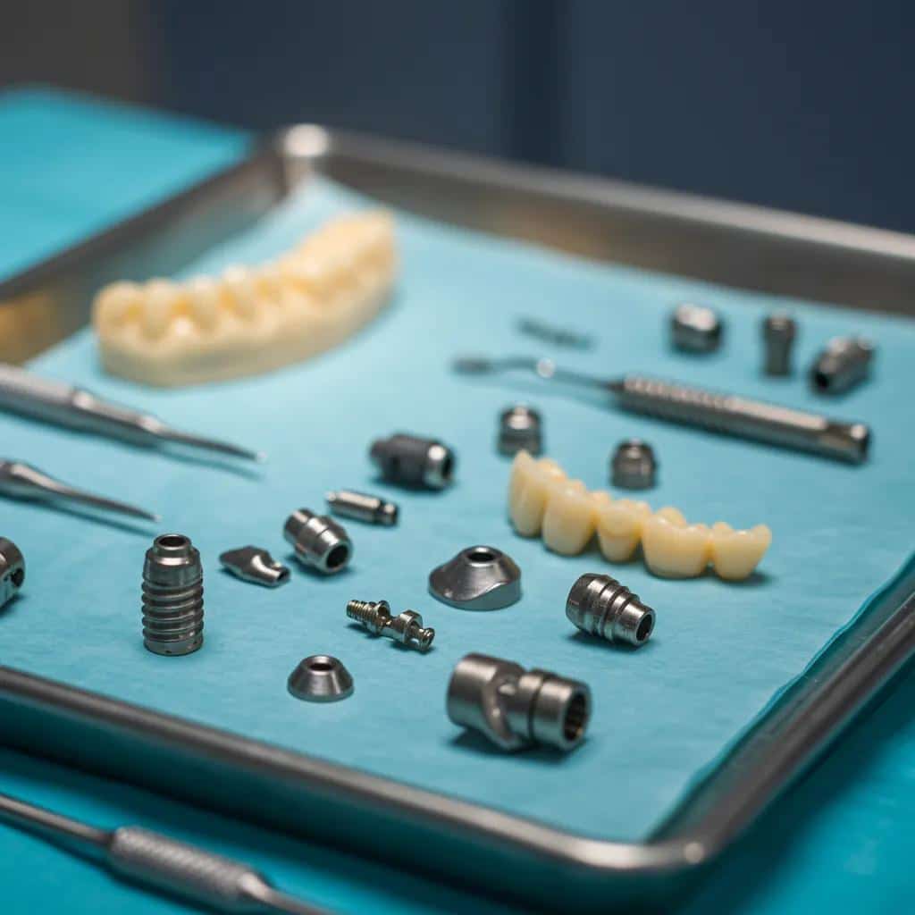Dental implant components and surgical tools on a tray