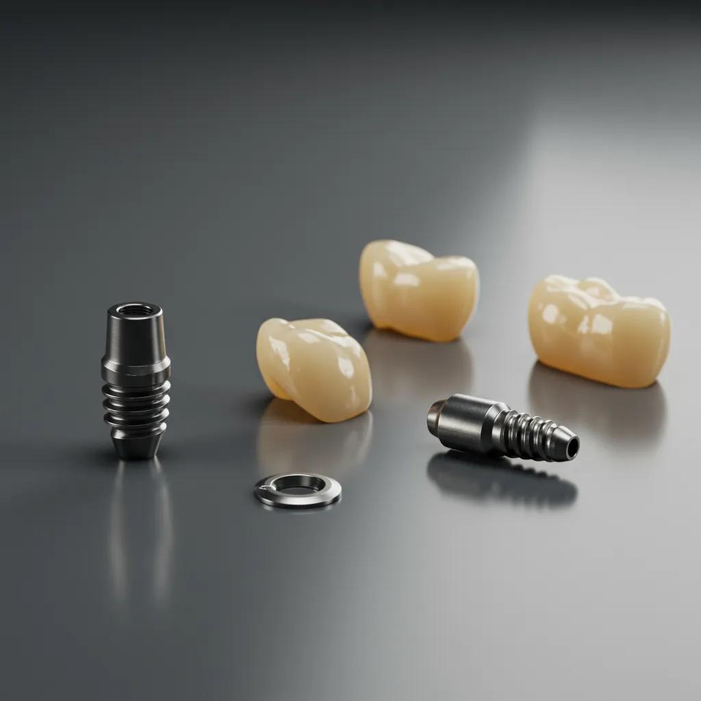 Dental implant components including post, abutment, and crown on a professional surface