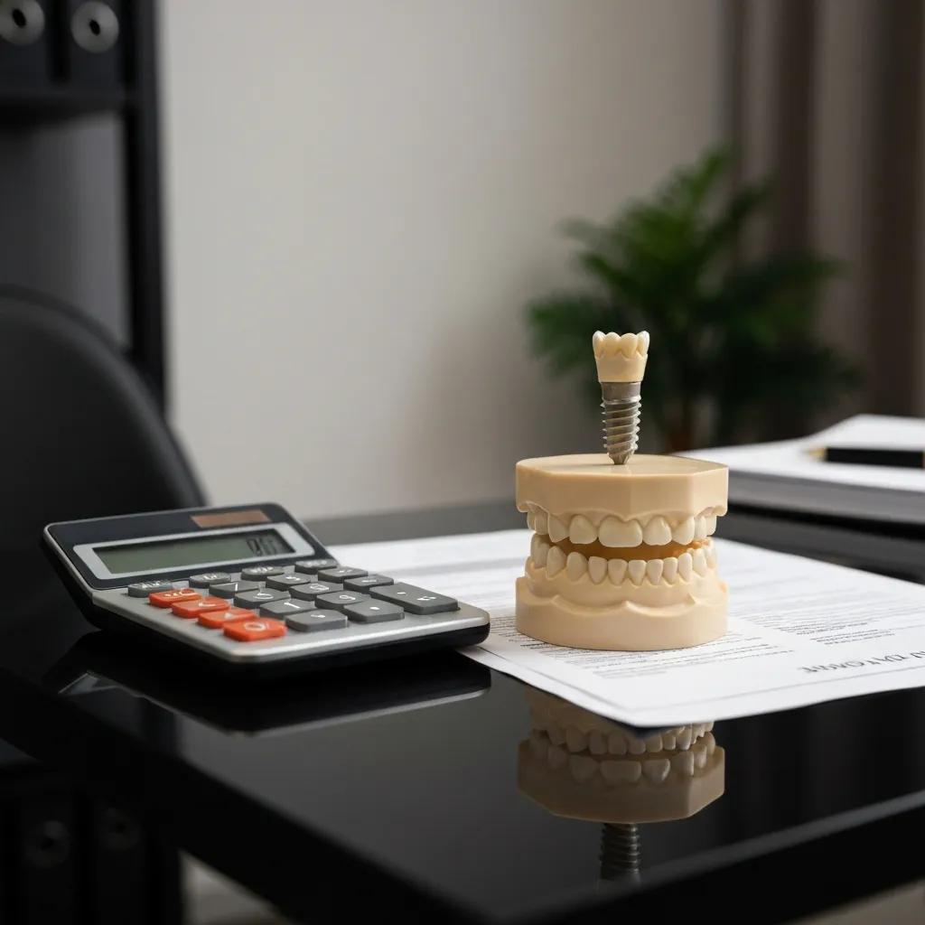Dental implant model with financial documents illustrating cost considerations