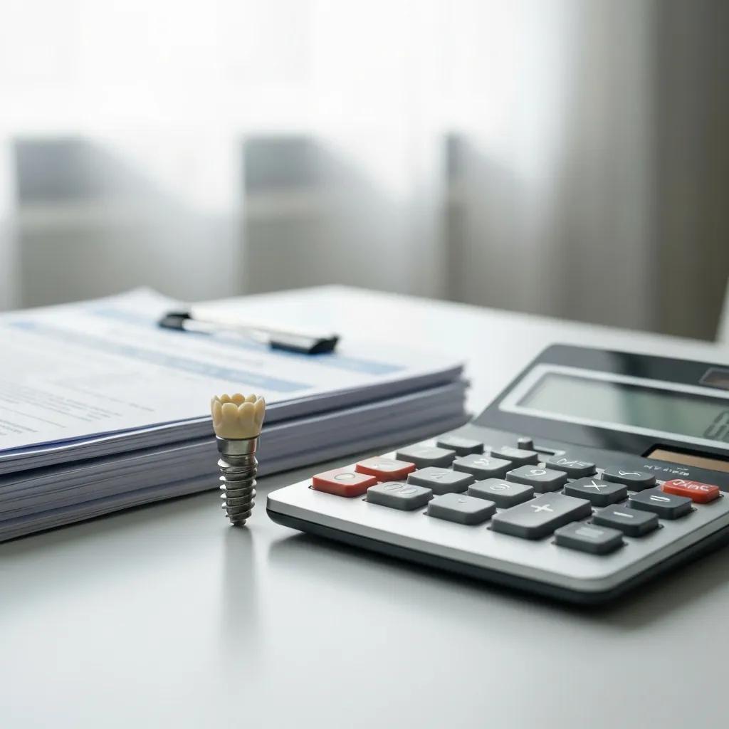 Dental implant model with insurance documents and calculator for cost analysis