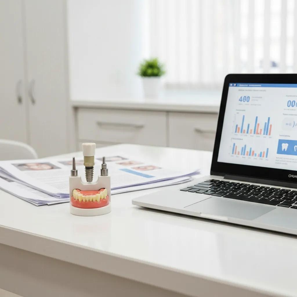 Dental implant model with research materials highlighting success rates