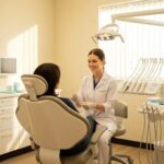 Dental implant recovery care in a clinic setting with a dentist and patient