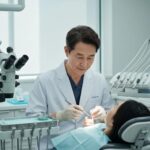 Dental implant surgery in a clinical setting with a dentist and patient