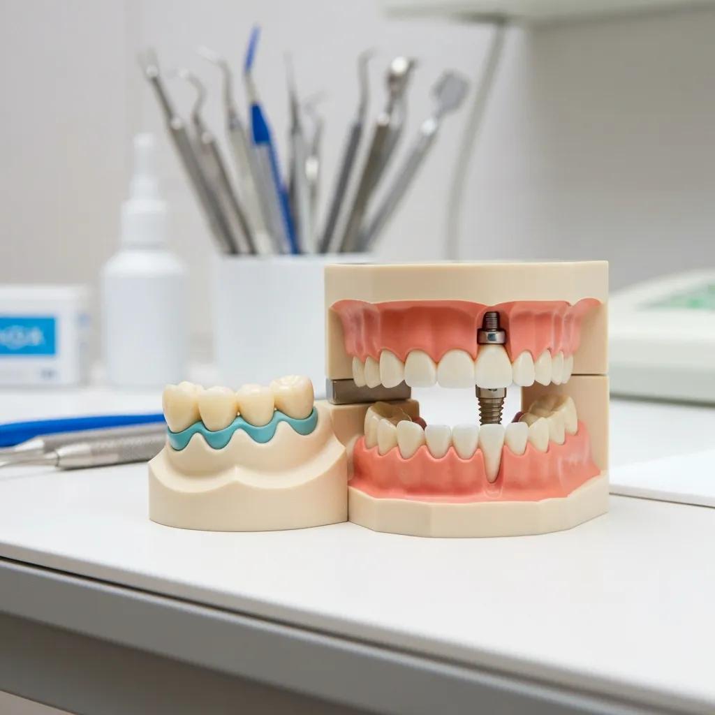 Dental model comparing a bridge and an implant, highlighting their differences