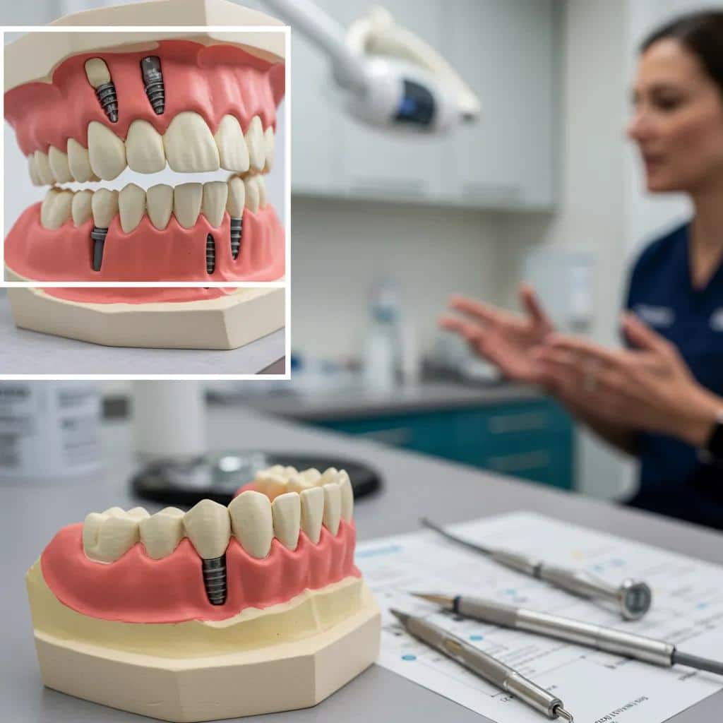 A detailed dental model showing various factors considered for implant placement in a modern clinic