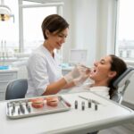 Dental professional consulting with a patient about dental implants and dentures in a modern clinic